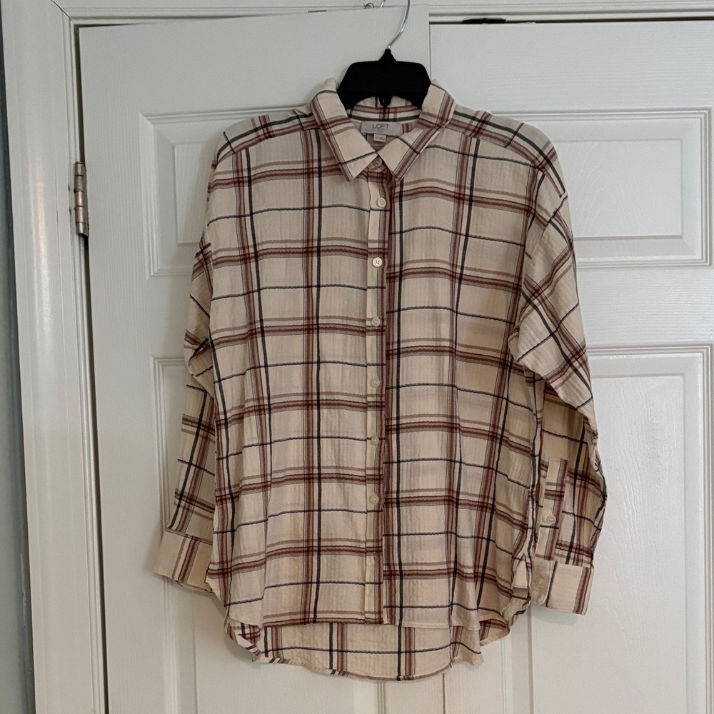 LOFT Beige and Red Plaid Casual Shirt